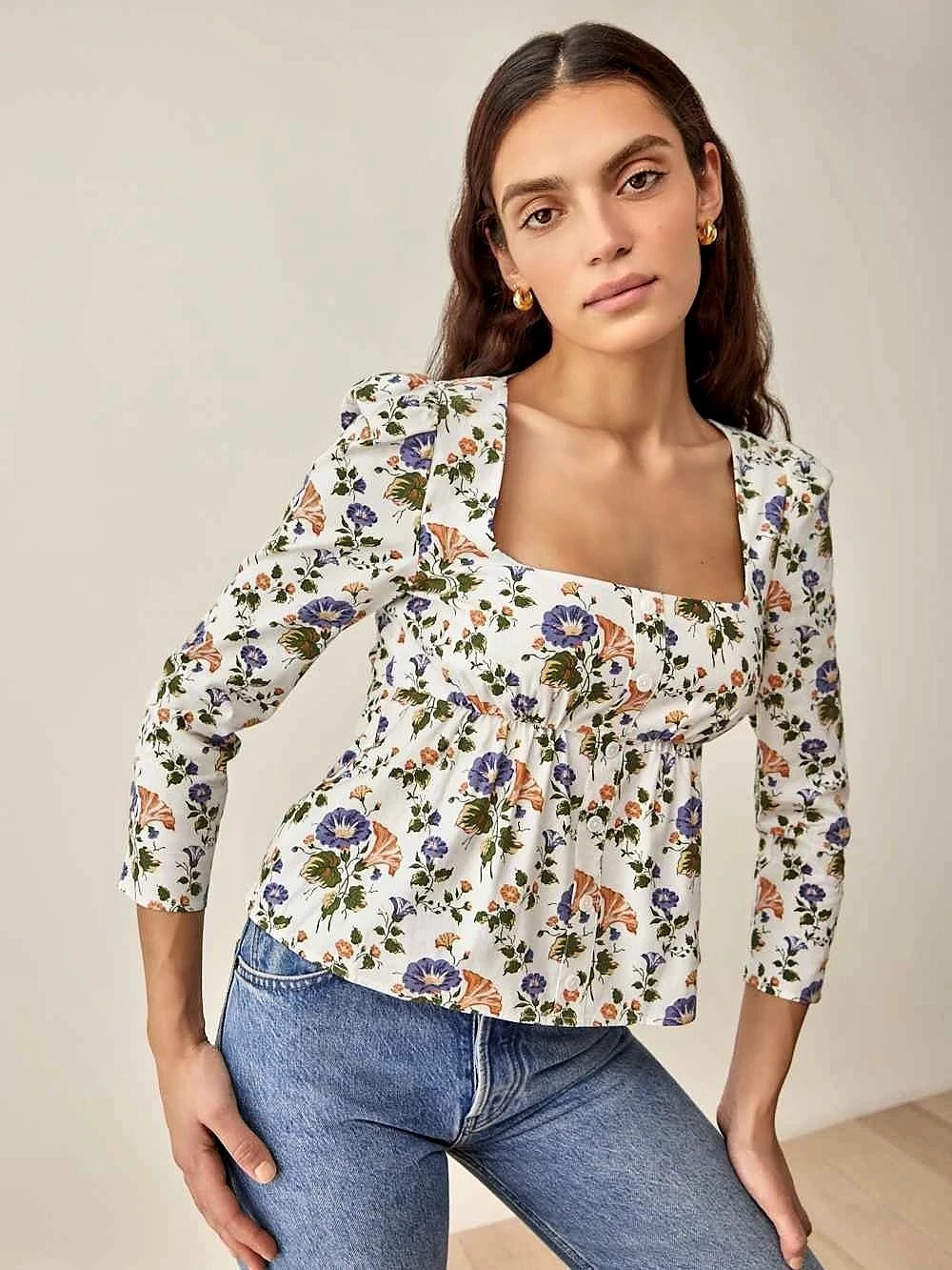 Reformation Floral Ruched Square Neck Blouse